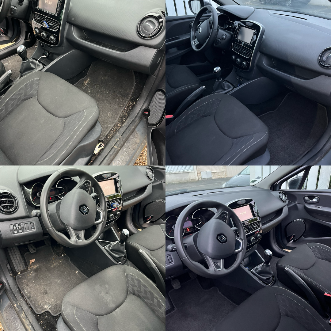Avant / après du nettoyage intérieur d'une Renault Clio : tapis, moquettes et sièges